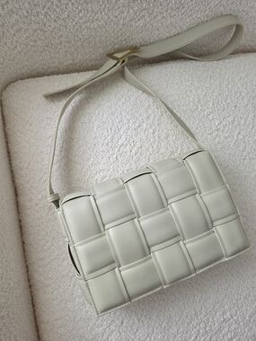 Woven Cassette Cream Neutral Shoulder Bag With Triangle Buckle